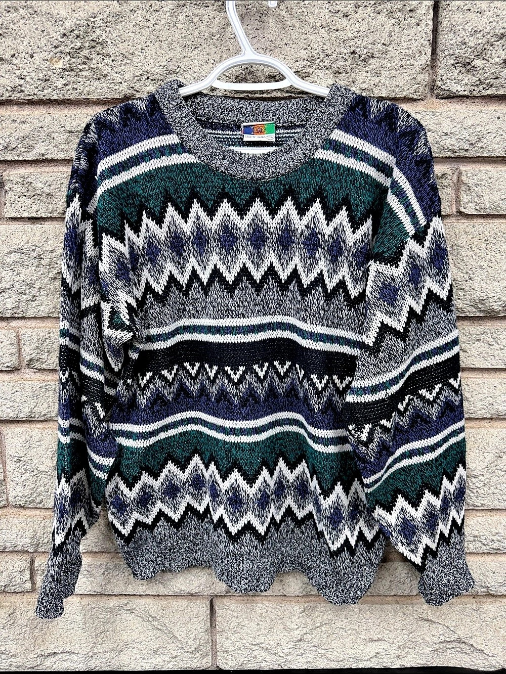 Vintage 90s Korean Geometric Fair Isle Sweater Small Oversized Coogi Style